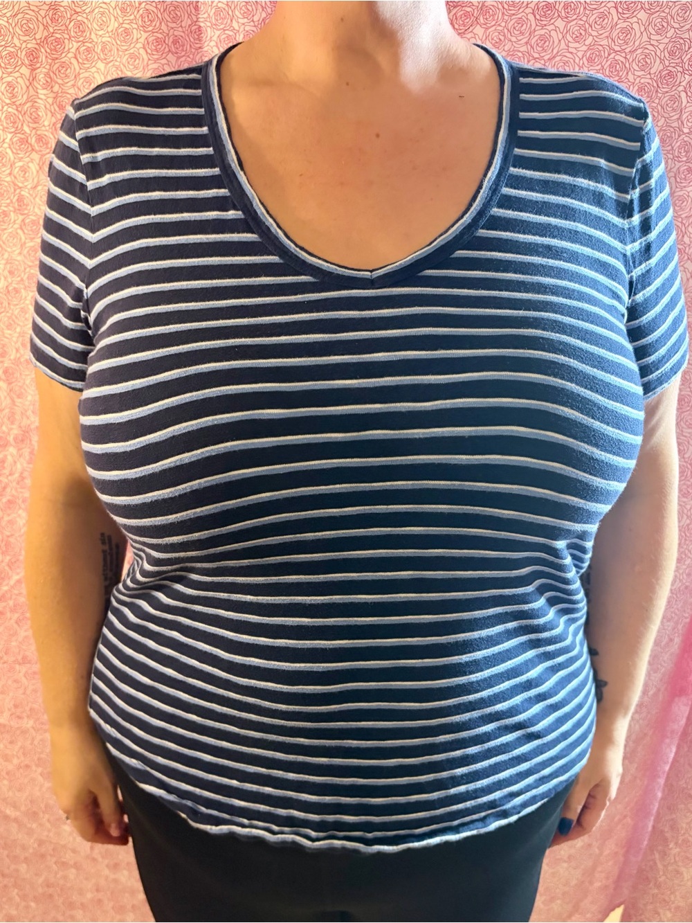 Vineyard Vines Navy and White Striped V-Neck Short Sleeve Tee